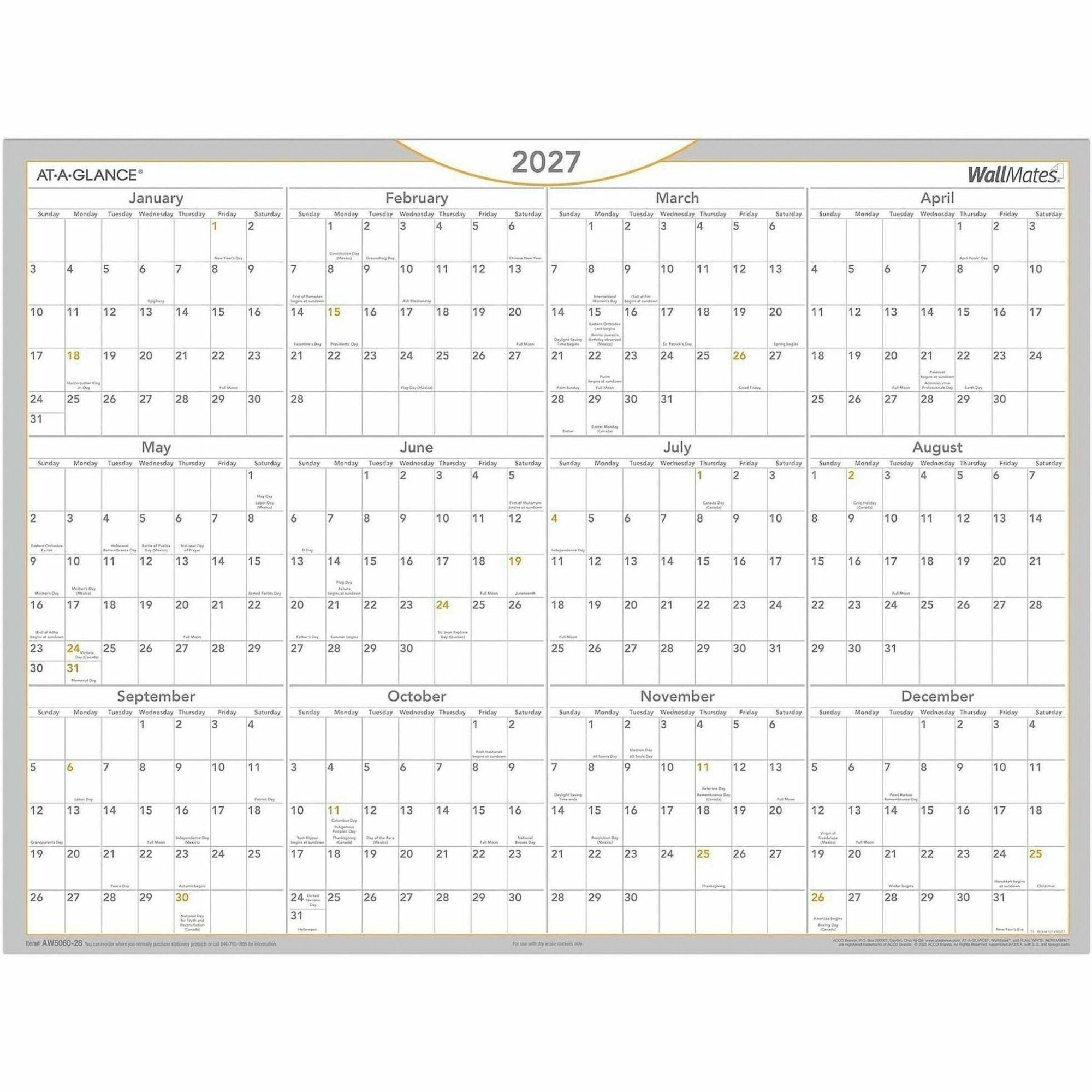 WallMates Self-Adhesive Dry Erase Yearly Planning Surfaces, 24 x 18, White/Gray/Orange Sheets, 12-Month (Jan to Dec): 2024