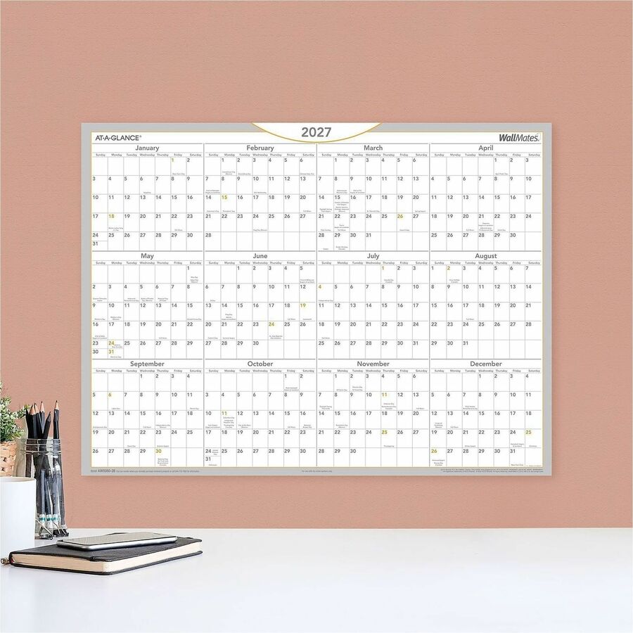 WallMates Self-Adhesive Dry Erase Yearly Planning Surfaces, 24 x 18, White/Gray/Orange Sheets, 12-Month (Jan to Dec): 2024