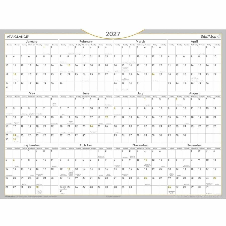 WallMates Self-Adhesive Dry Erase Yearly Planning Surfaces, 24 x 18, White/Gray/Orange Sheets, 12-Month (Jan to Dec): 2024