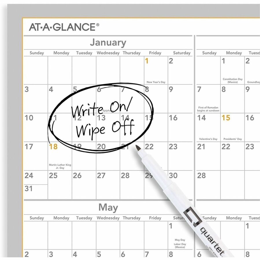 WallMates Self-Adhesive Dry Erase Yearly Planning Surfaces, 24 x 18, White/Gray/Orange Sheets, 12-Month (Jan to Dec): 2024