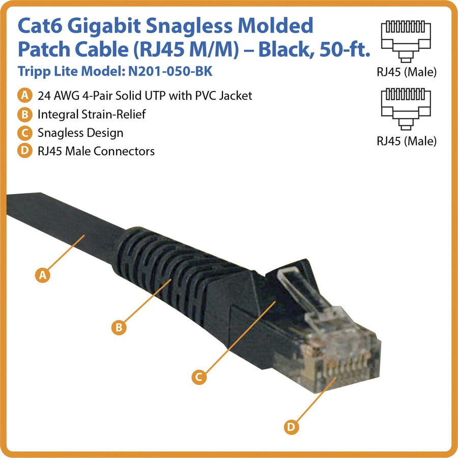 tripp-lite-by-eaton-cat6-gigabit-snagless-molded-utp-ethernet-cable-rj45-m-m-poe-black-50-ft-1524-m-for-network-device-50ft-1-x-rj-45-male-network-1-x-rj-45-male-network-black_trpn201050bk - 2