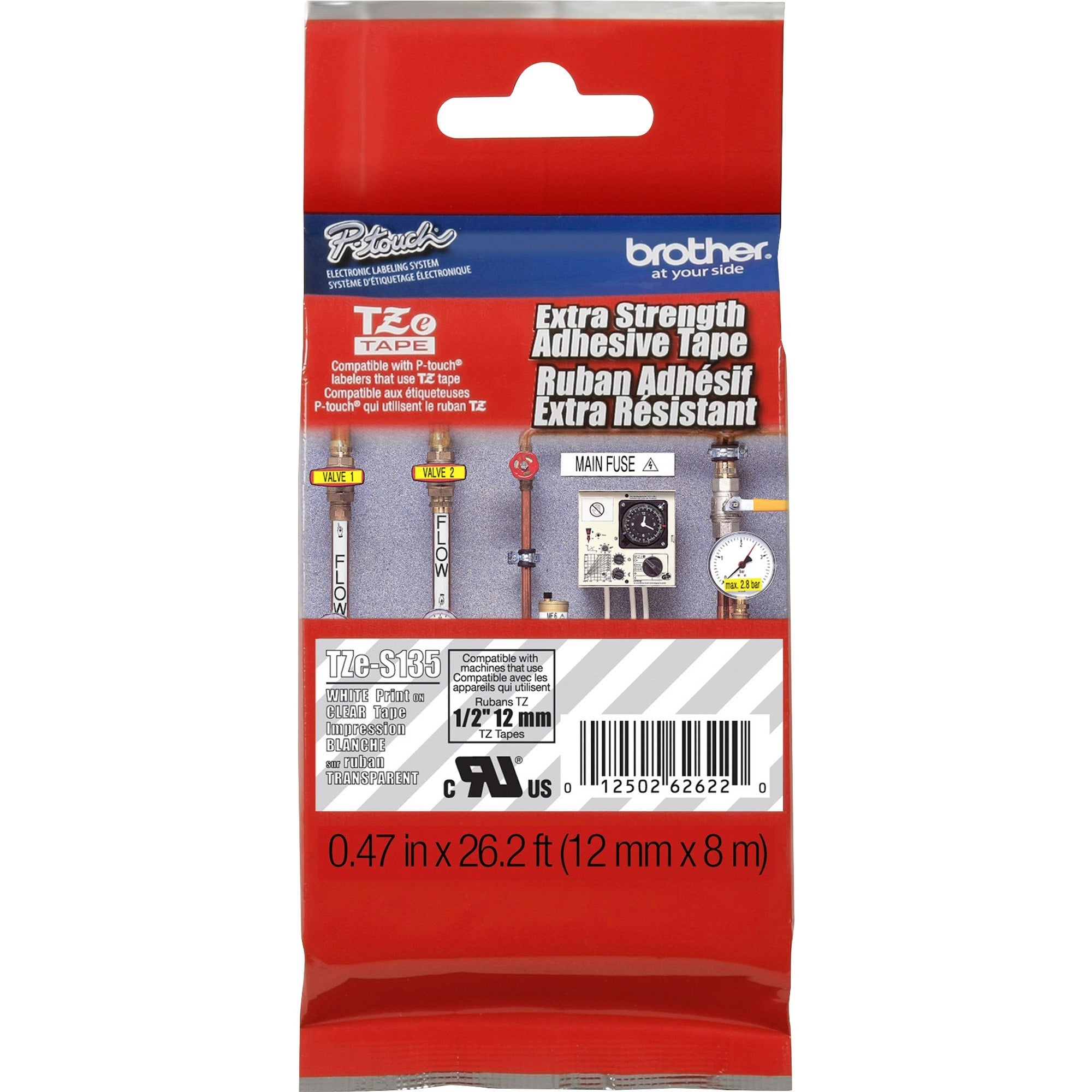 TZ Extra-Strength Adhesive Laminated Labeling Tape, 0.47" x 26.2 ft, White on Clear