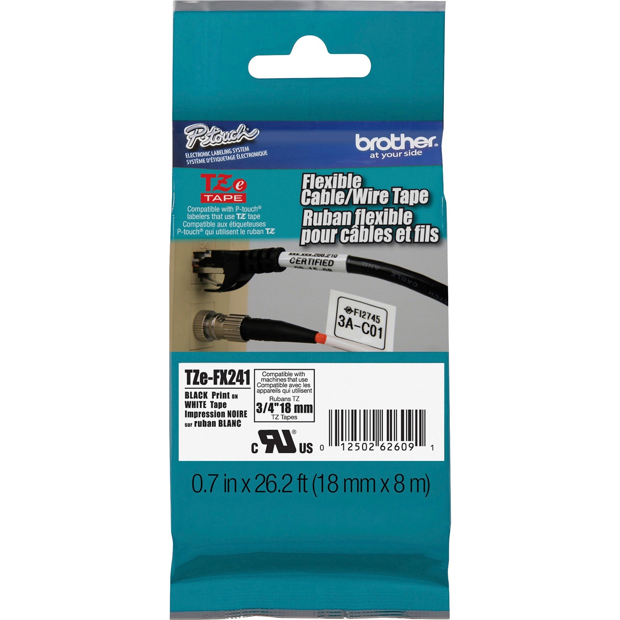 TZe Flexible Tape Cartridge for P-Touch Labelers, 0.7" x 26.2 ft, Black on White