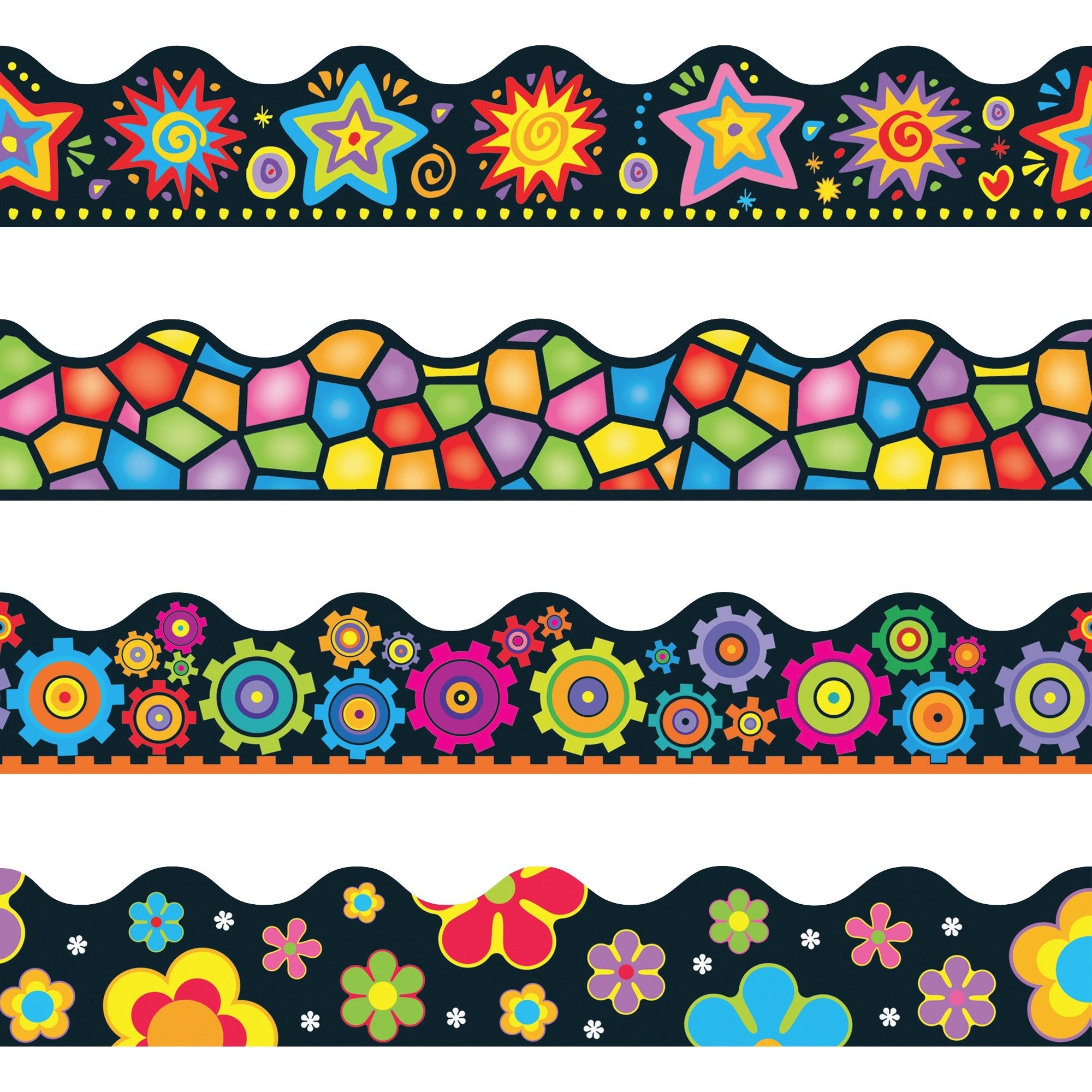 Terrific Trimmers Border Variety Set, 2.25" x 39", Bright On Black, Assorted Colors/Designs, 48/Set