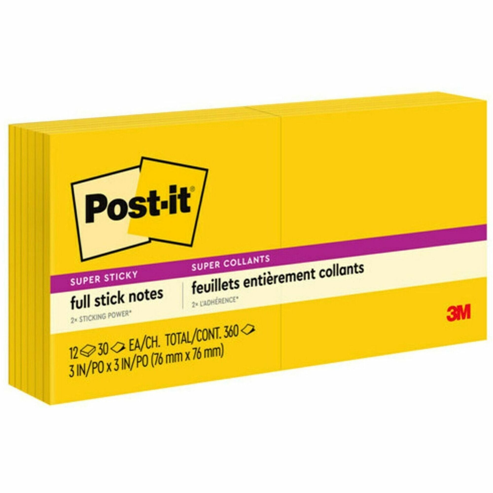 Post-it Super Sticky Full Adhesive Notes - 300 x Yellow - 3" x 3" - Square - 25 Sheets per Pad - Unruled - Sunnyside - Paper - 12 / Pack - 