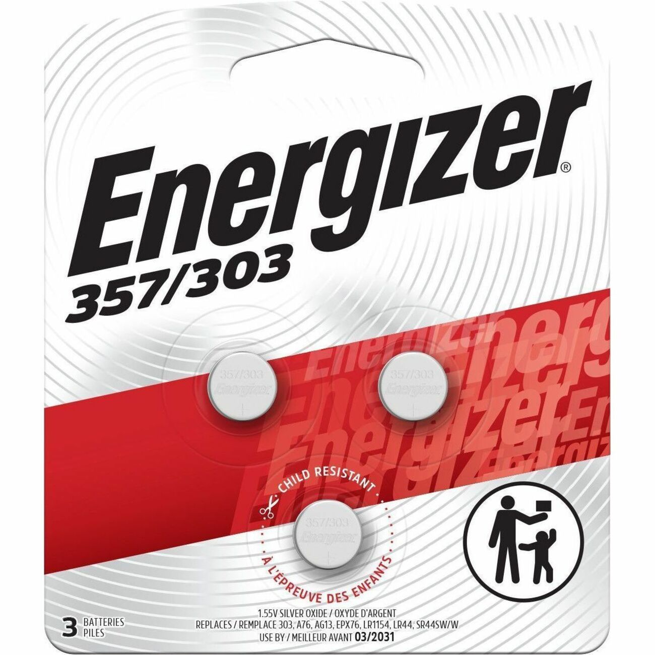 Energizer 357/303 Silver Oxide Button Battery, 3 Pack - For Multipurpose - 1.6 V DC - Silver Oxide - 3 / Pack