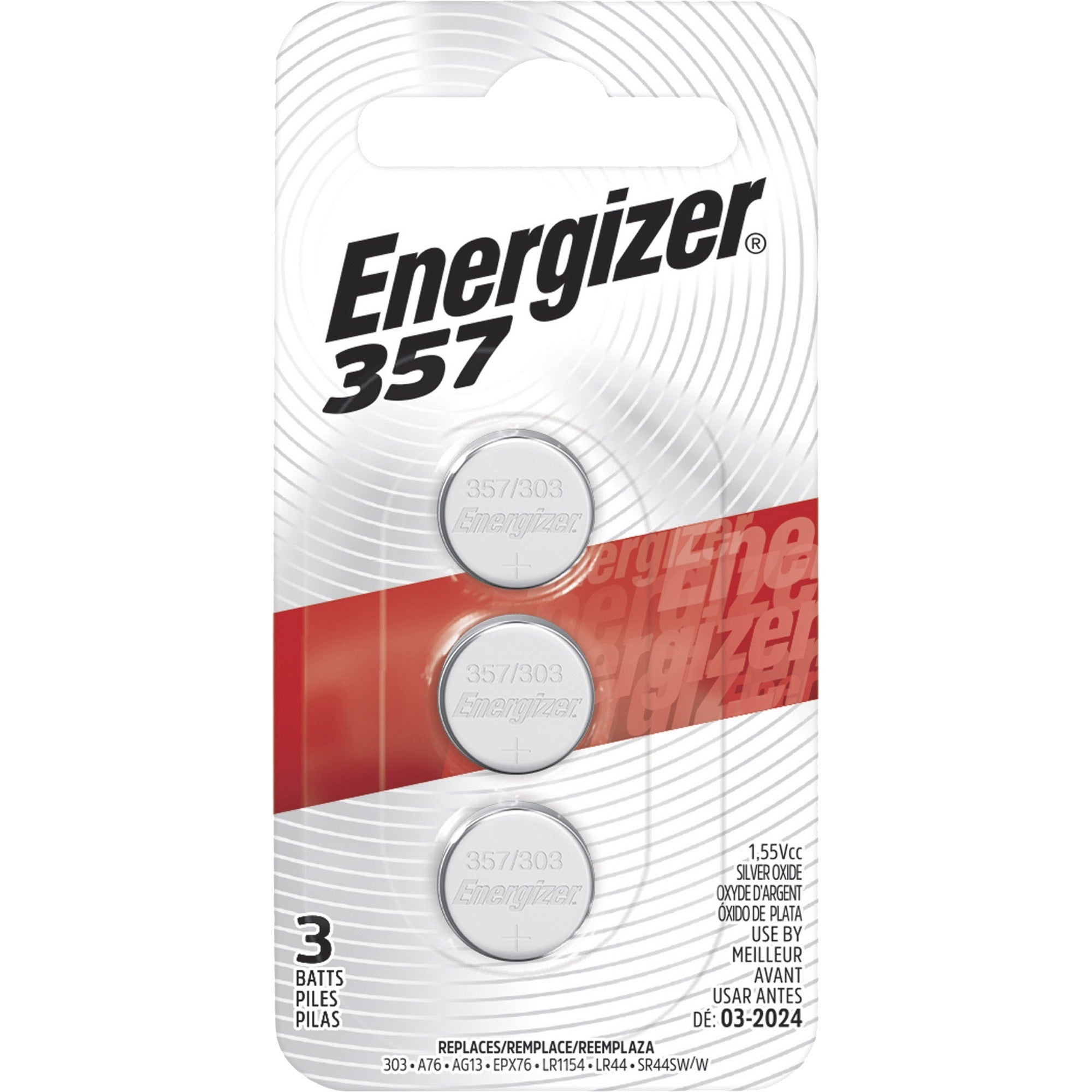 Energizer 357/303 Silver Oxide Button Battery, 3 Pack - For Multipurpose - 1.6 V DC - Silver Oxide - 3 / Pack - 