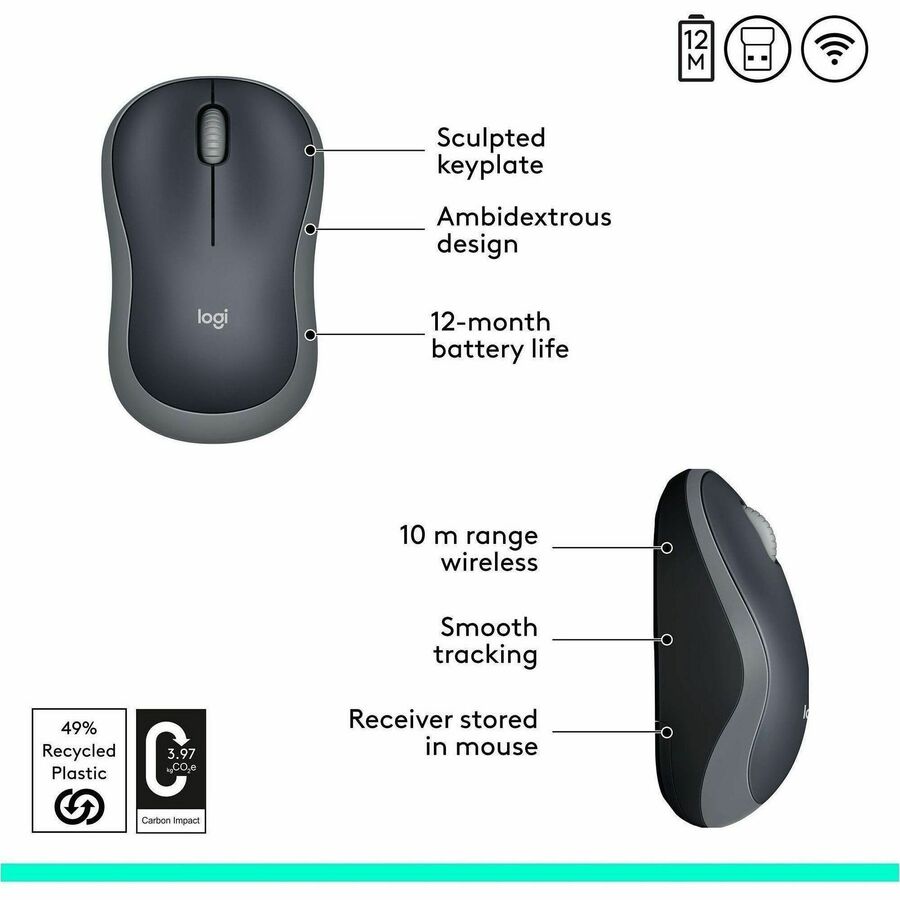M185 Wireless Mouse, 2.4 GHz Frequency/30 ft Wireless Range, Left/Right Hand Use, Black