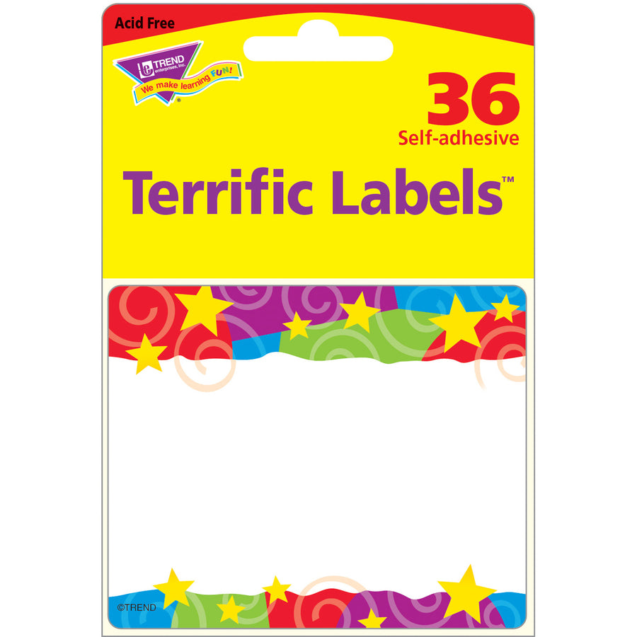 Trend Stars & Swirls Colorful Self-adhesive Name Tags - 3" Length x 2.50" Width - Rectangular - 36 / Pack - Assorted - 