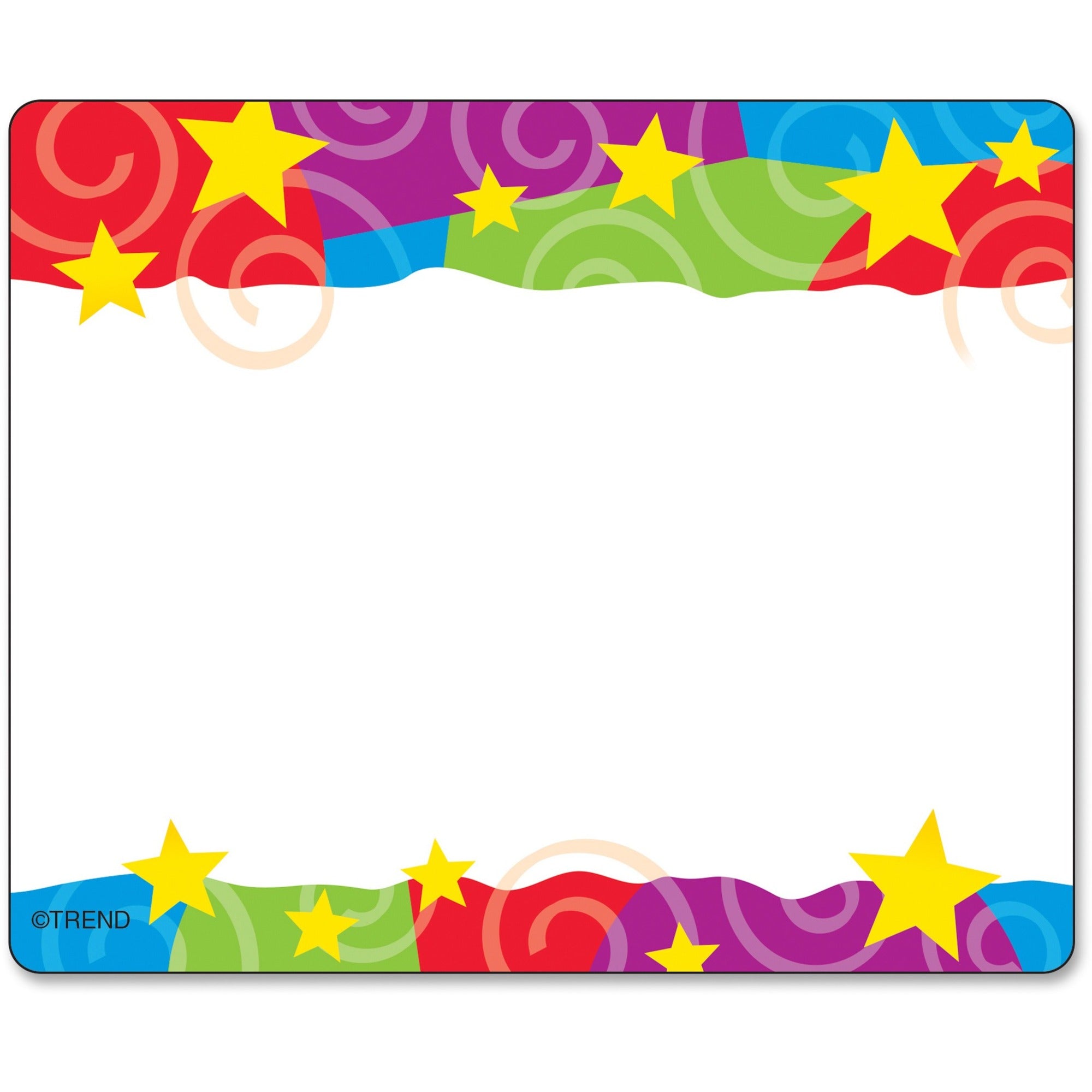 Trend Stars & Swirls Colorful Self-adhesive Name Tags - 3" Length x 2.50" Width - Rectangular - 36 / Pack - Assorted - 