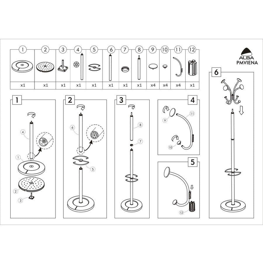 Viena Coat Stand, Eight Knobs, Steel, 16w x 16d x 70.5h, Black