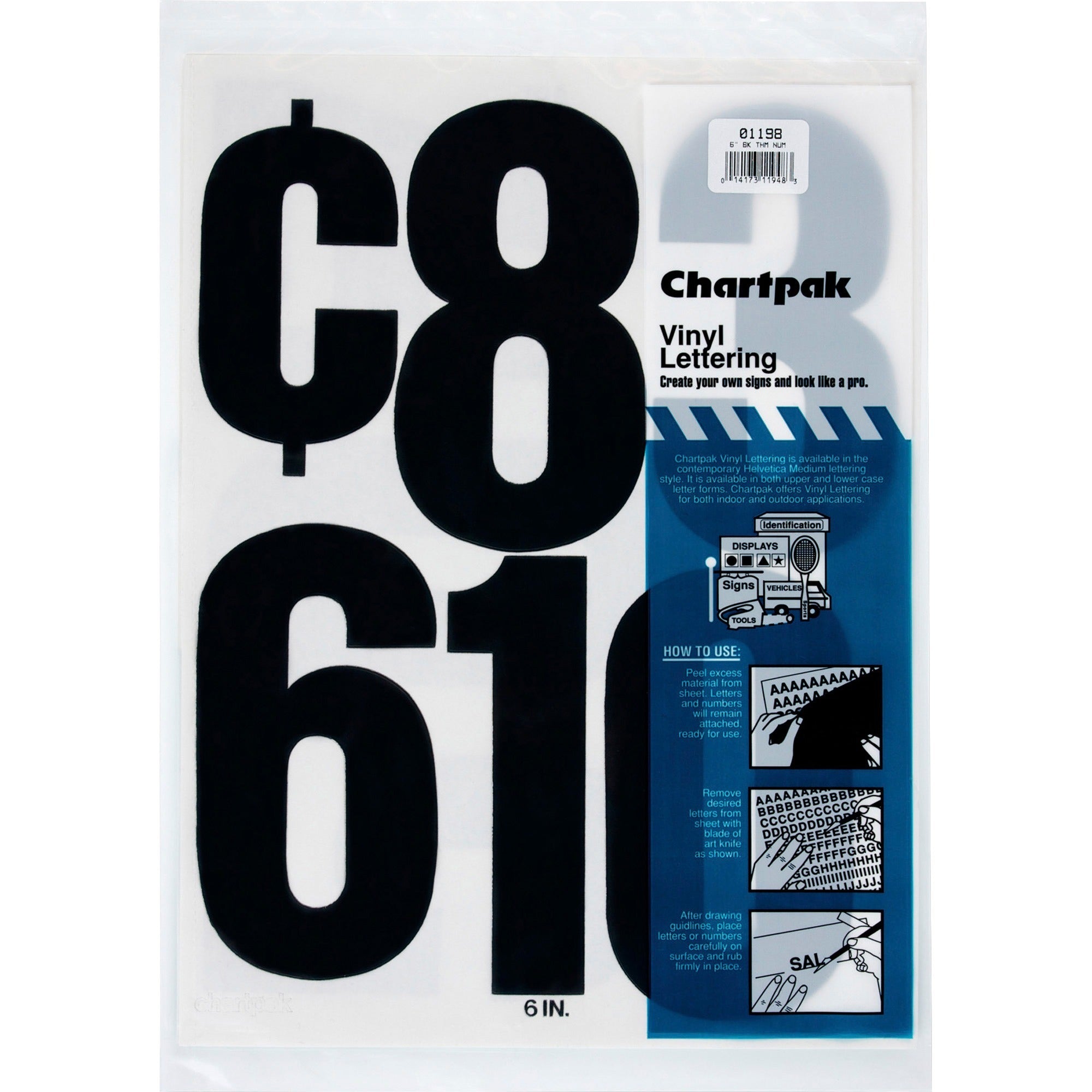 Press-On Vinyl Numbers, Self Adhesive, Black, 6"h, 21/Pack