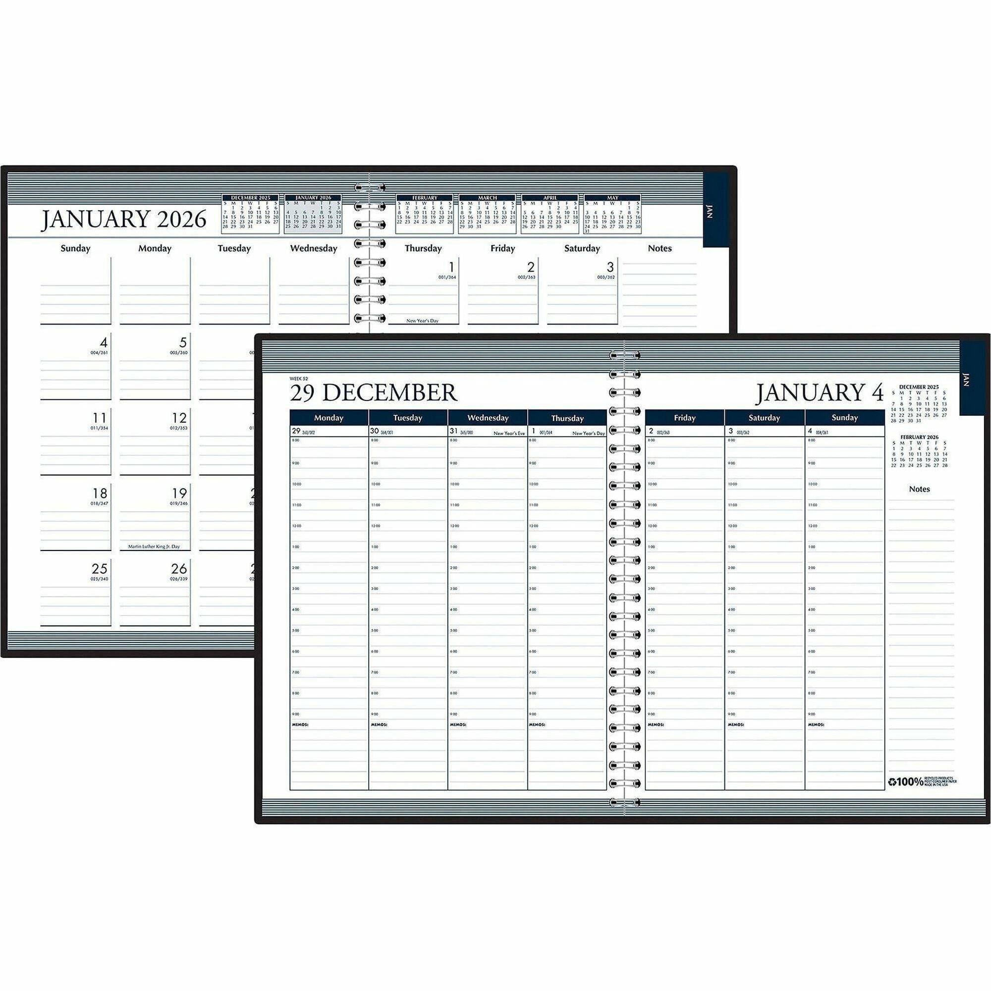 Recycled Wirebound Weekly/Monthly Planner, 11 x 8.5, Black Cover, 12-Month (Jan to Dec): 2024