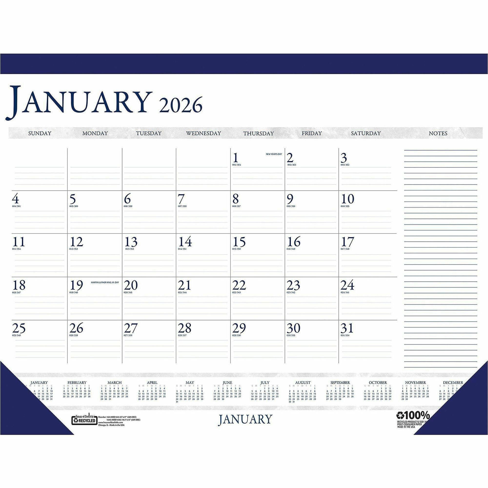 Recycled Two-Color Monthly Desk Pad Calendar with Notes Section, 18.5 x 13, Blue Binding/Corners, 12-Month (Jan-Dec): 2024