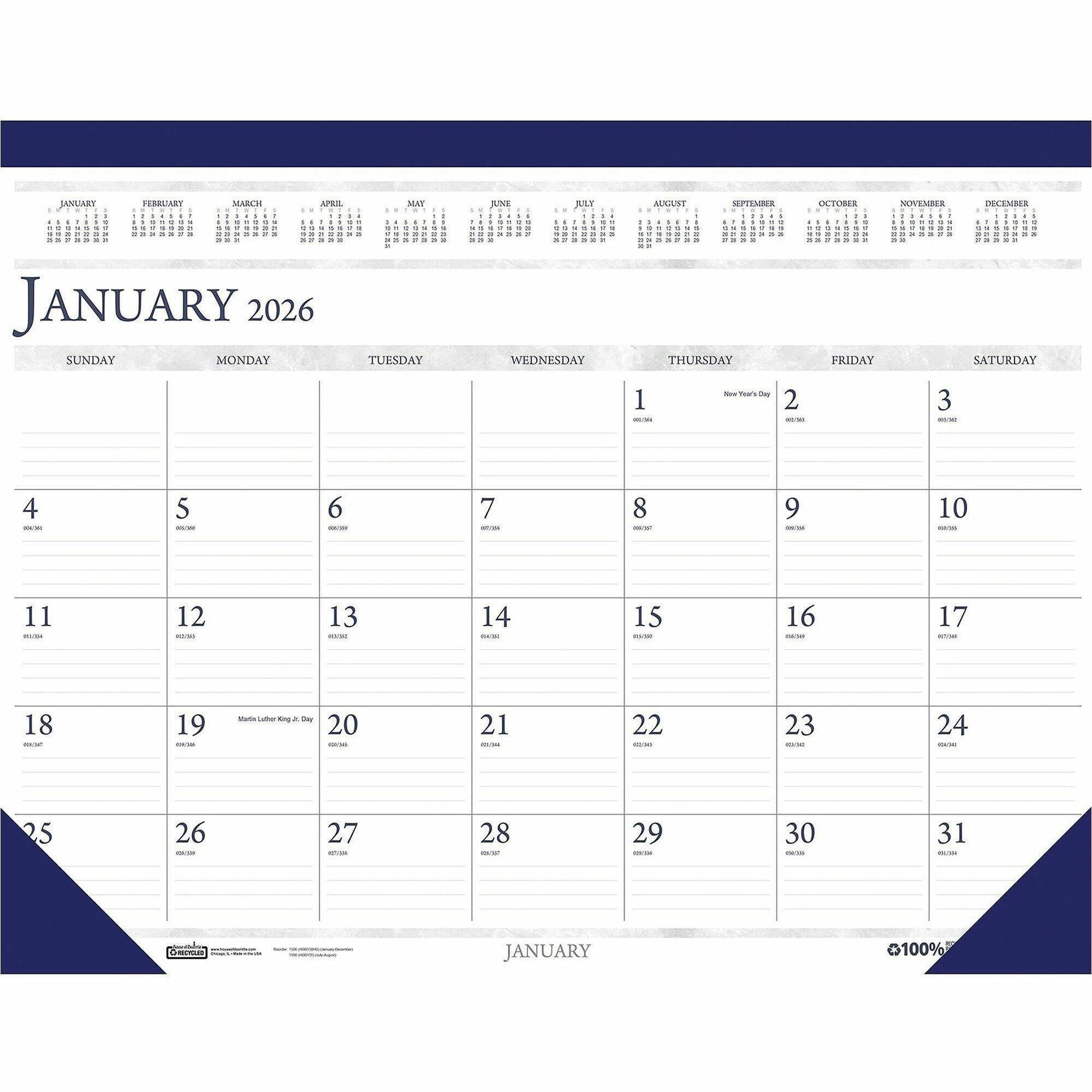 Recycled Two-Color Perforated Monthly Desk Pad Calendar, 18.5 x 13, Blue Binding/Corners, 12-Month (Jan-Dec): 2024