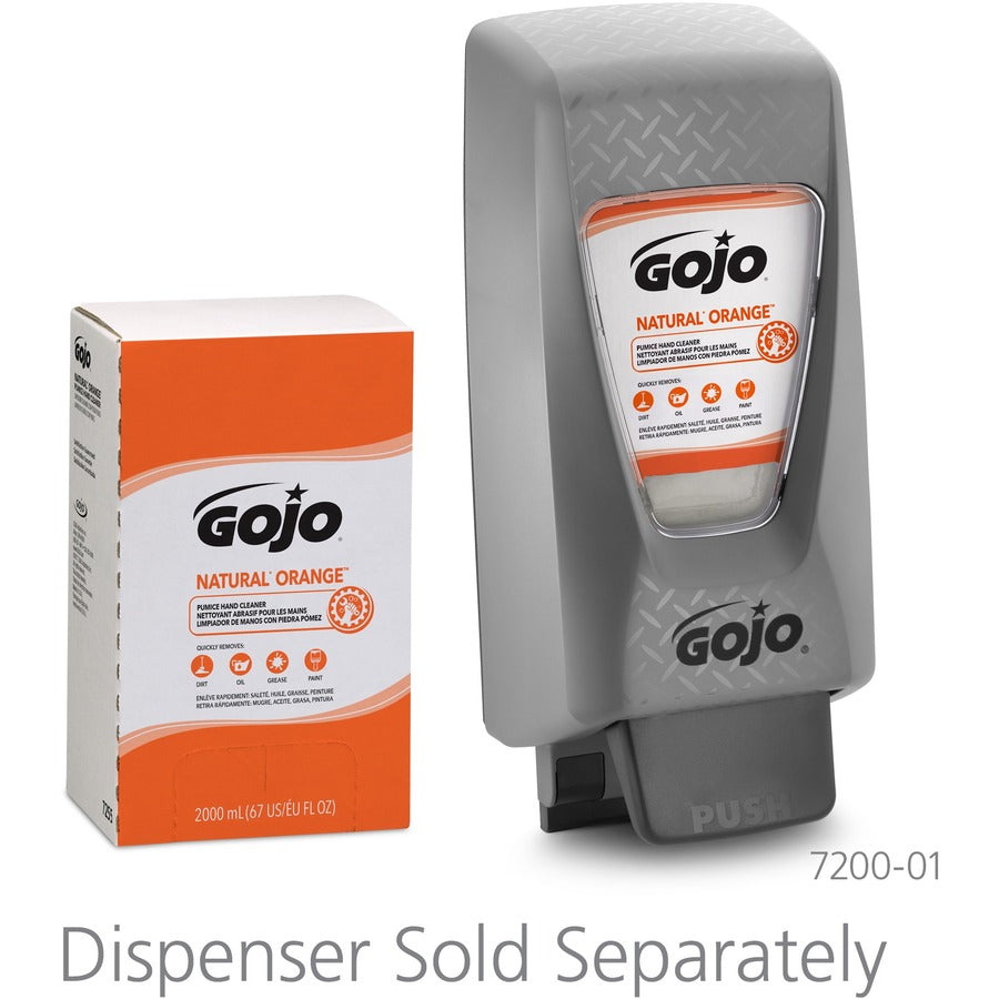 Gojo Natural Orange Pumice Hand Cleaner Refill - Orange Citrus ScentFor - 67.6 fl oz (2 L) - Dirt Remover, Grease Remover, Soilage Remover - Hand - Gray - 4 / Carton