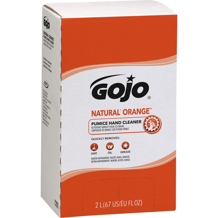 Gojo Natural Orange Pumice Hand Cleaner Refill - Orange Citrus ScentFor - 67.6 fl oz (2 L) - Dirt Remover, Grease Remover, Soilage Remover - Hand - Gray - 4 / Carton