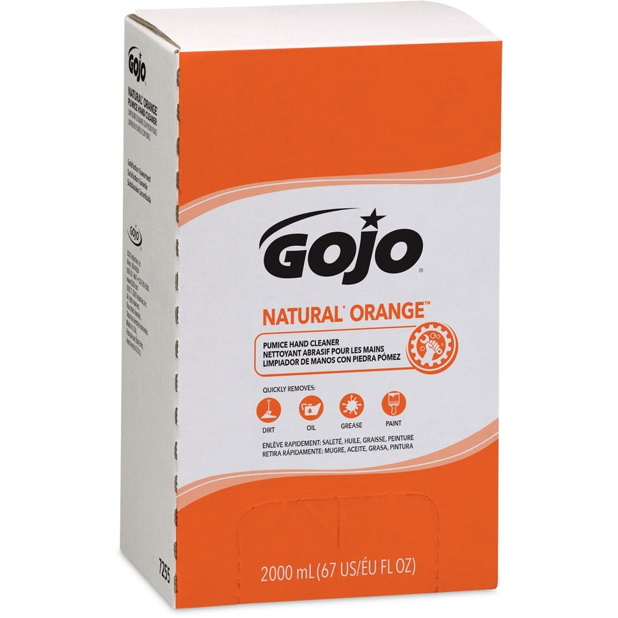 Gojo Natural Orange Pumice Hand Cleaner Refill - Orange Citrus ScentFor - 67.6 fl oz (2 L) - Dirt Remover, Grease Remover, Soilage Remover - Hand - Gray - 4 / Carton