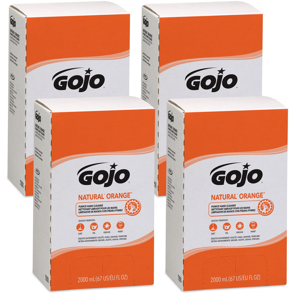 Gojo Natural Orange Pumice Hand Cleaner Refill - Orange Citrus ScentFor - 67.6 fl oz (2 L) - Dirt Remover, Grease Remover, Soilage Remover - Hand - Gray - 4 / Carton