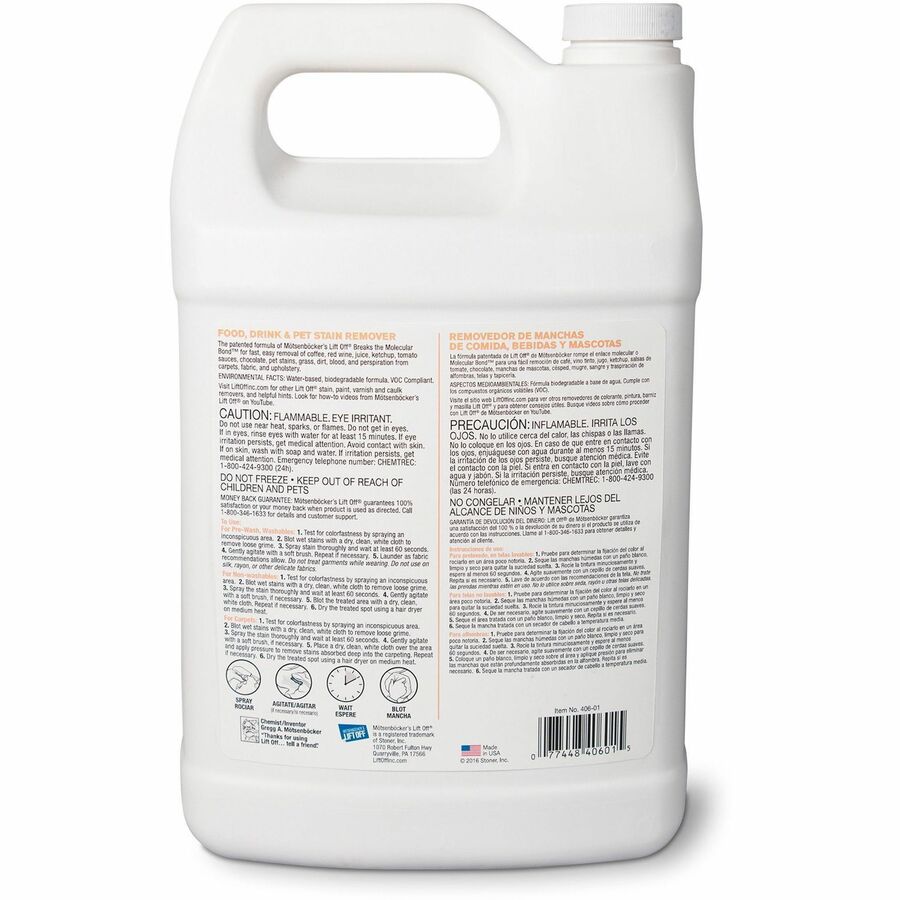 Mtsenbcker's Lift Off Food/Drink/Pet Stain Remover - 128 fl oz (4 quart)Bottle - 1 Each - Environmentally Friendly - White