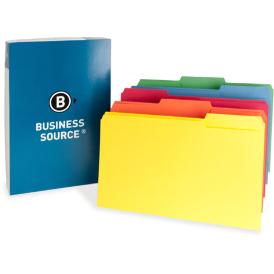 Business Source 1/3 Tab Cut Legal Recycled Top Tab File Folder - 8 1/2" x 14" - 3/4" Expansion - Top Tab Location - Assorted Position Tab Position - Assorted - 10% Recycled - 100 / Box - 