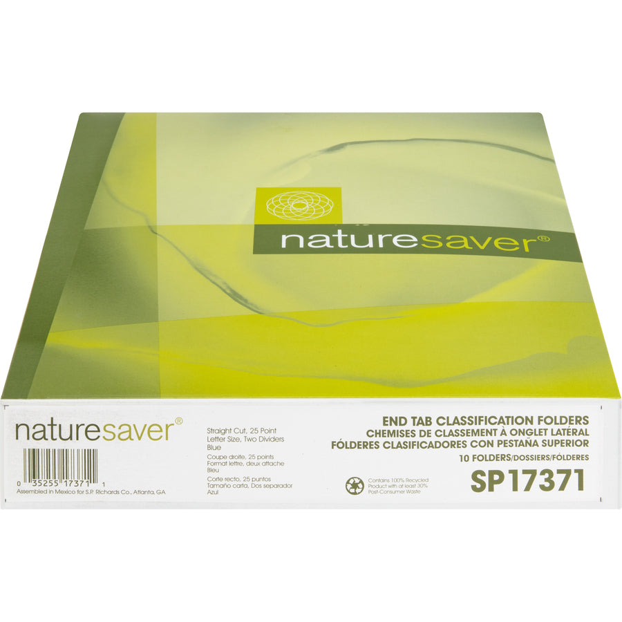 Nature Saver Letter Recycled Classification Folder - 8 1/2" x 11" - End Tab Location - 2 Divider(s) - Fiberboard - Blue - 100% Recycled - 10 / Box - 