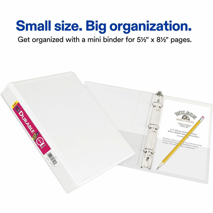 Mini Size Durable View Binder with Round Rings, 3 Rings, 1" Capacity, 8.5 x 5.5, White
