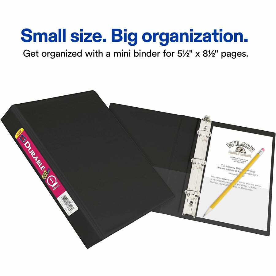 Mini Size Durable View Binder with Round Rings, 3 Rings, 1" Capacity, 8.5 x 5.5, Black