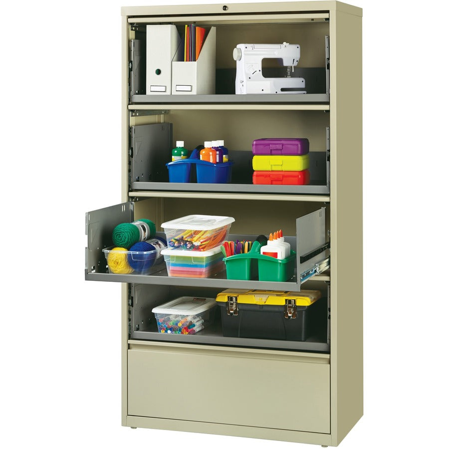 Lorell Fortress Lateral File with Roll-Out Shelf - 36" x 18.6" x 68.8" - 5 x Drawer(s) for File - A4, Legal, Letter - Ball-bearing Suspension, Recessed Handle, Leveling Glide, Heavy Duty, Interlocking - Putty - Steel - Recycled