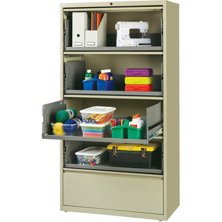Lorell Fortress Lateral File with Roll-Out Shelf - 36" x 18.6" x 68.8" - 5 x Drawer(s) for File - A4, Legal, Letter - Ball-bearing Suspension, Recessed Handle, Leveling Glide, Heavy Duty, Interlocking - Putty - Steel - Recycled