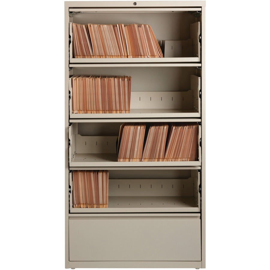 Lorell Fortress Lateral File with Roll-Out Shelf - 36" x 18.6" x 68.8" - 5 x Drawer(s) for File - A4, Legal, Letter - Ball-bearing Suspension, Recessed Handle, Leveling Glide, Heavy Duty, Interlocking - Putty - Steel - Recycled