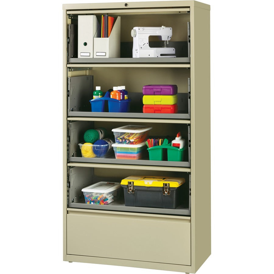 Lorell Fortress Lateral File with Roll-Out Shelf - 36" x 18.6" x 68.8" - 5 x Drawer(s) for File - A4, Legal, Letter - Ball-bearing Suspension, Recessed Handle, Leveling Glide, Heavy Duty, Interlocking - Putty - Steel - Recycled