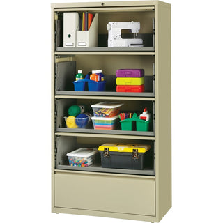 Lorell Fortress Lateral File with Roll-Out Shelf - 36" x 18.6" x 68.8" - 5 x Drawer(s) for File - A4, Legal, Letter - Ball-bearing Suspension, Recessed Handle, Leveling Glide, Heavy Duty, Interlocking - Putty - Steel - Recycled