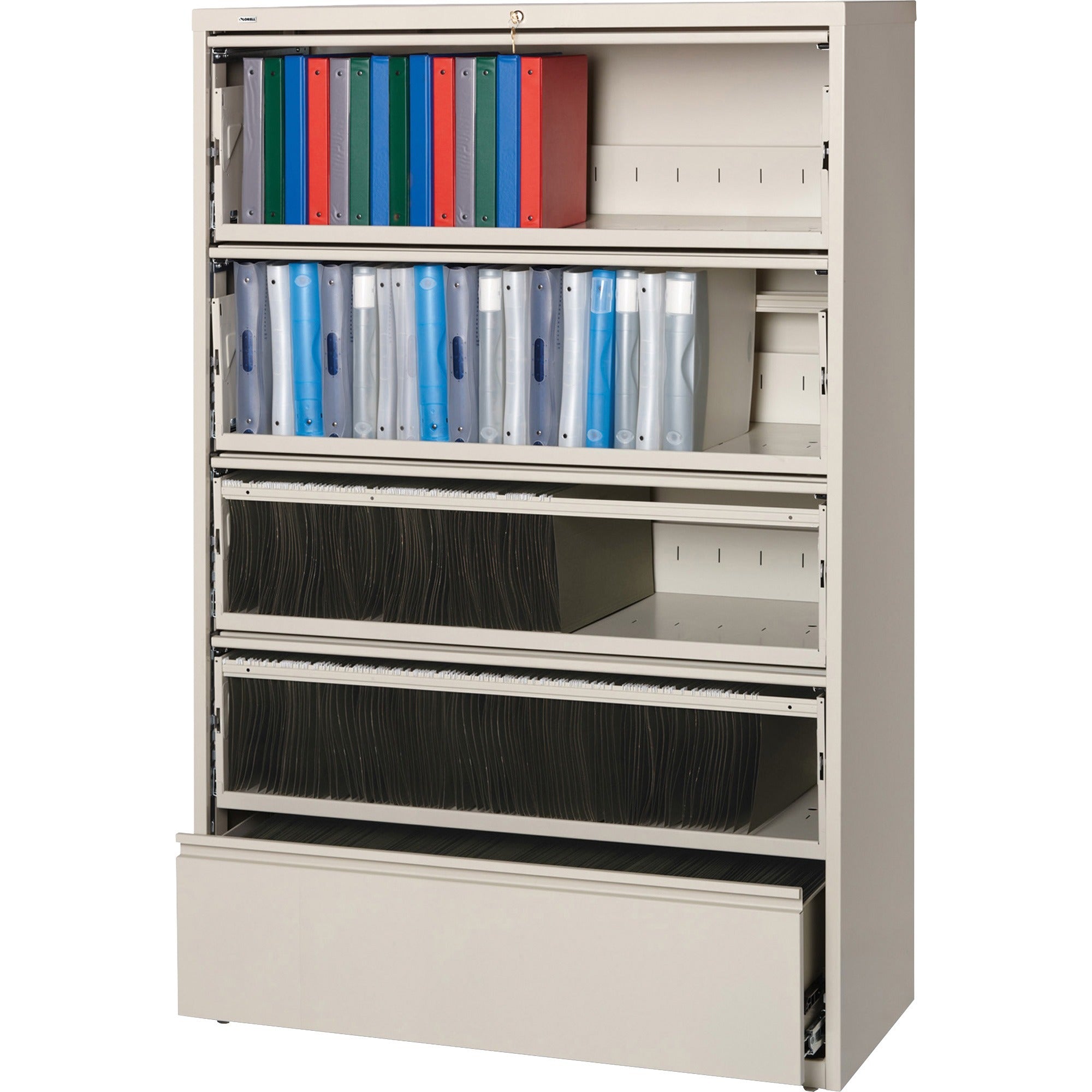 Lorell Fortress Lateral File with Roll-Out Shelf - 42" x 18.6" x 68.8" - 5 x Drawer(s) for File - Legal, Letter, A4 - Recessed Handle, Ball-bearing Suspension, Leveling Glide, Heavy Duty, Interlocking - Putty - Steel - Recycled - 