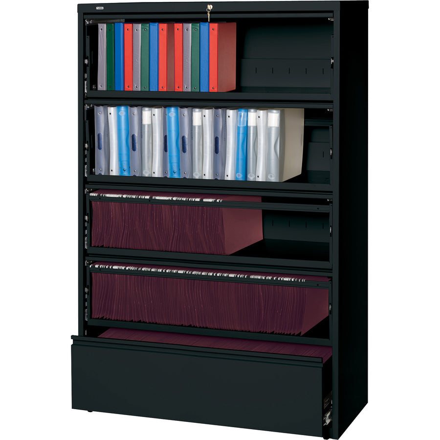 Lorell Fortress Lateral File with Roll-Out Shelf - 42" x 18.6" x 68.8" - 5 x Drawer(s) for File - Letter, A4, Legal - Interlocking, Heavy Duty, Ball-bearing Suspension, Leveling Glide, Recessed Handle - Black - Steel - Recycled - 