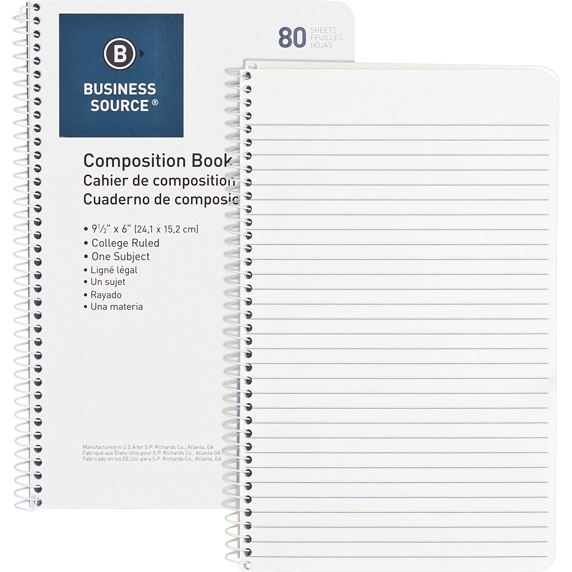 Business Source College Ruled Composition Books - 80 Sheets - Wire Bound - 16 lb Basis Weight - 6" x 9 1/2" - White Paper - Stiff-back - 1 Each - 