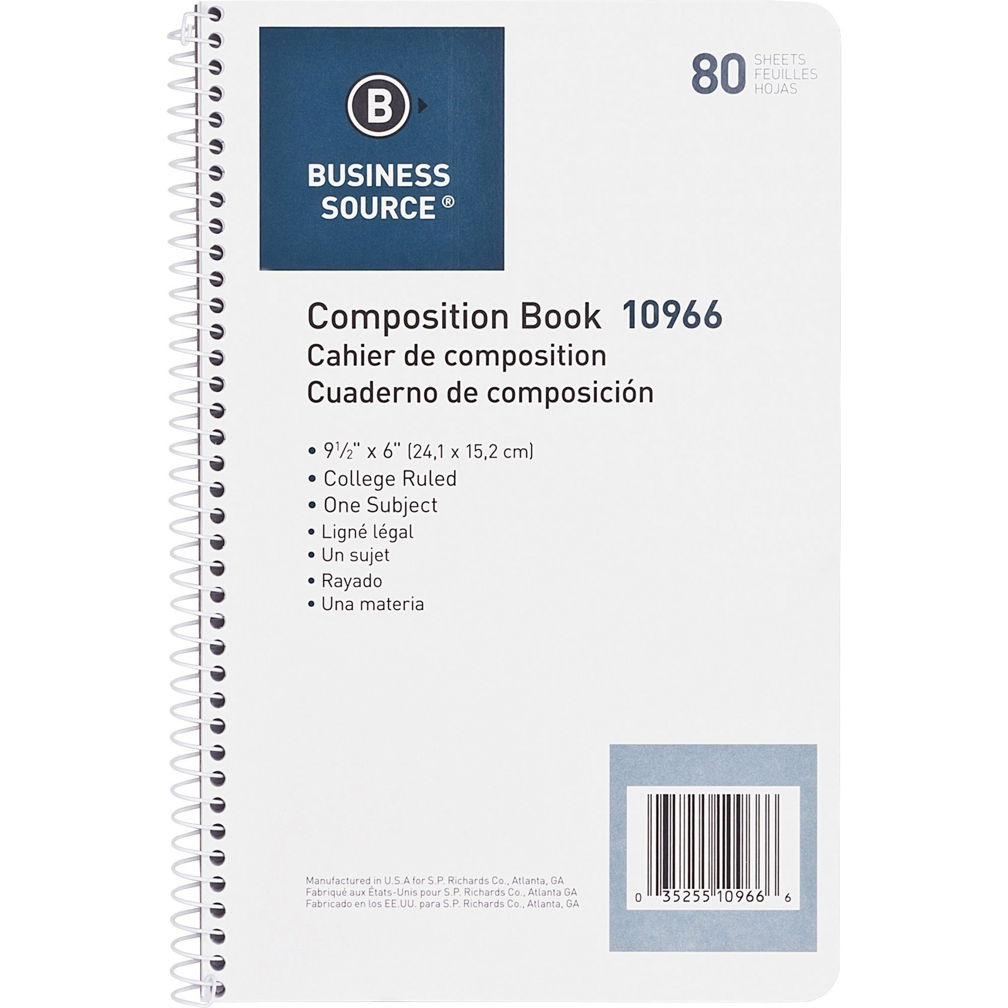 Business Source College Ruled Composition Books - 80 Sheets - Wire Bound - 16 lb Basis Weight - 6" x 9 1/2" - White Paper - Stiff-back - 1 Each - 