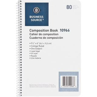 Business Source College Ruled Composition Books - 80 Sheets - Wire Bound - 16 lb Basis Weight - 6" x 9 1/2" - White Paper - Stiff-back - 1 Each