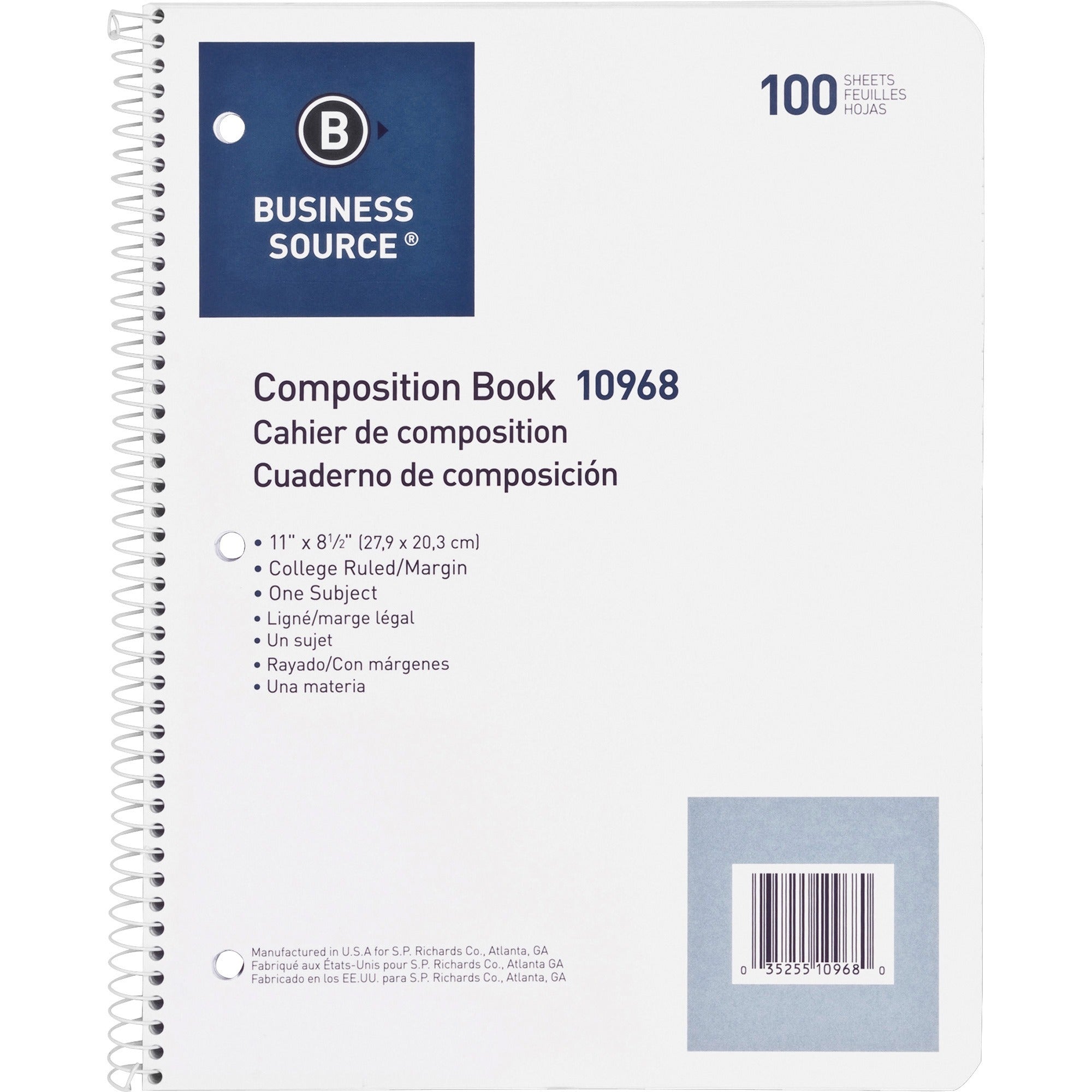 Business Source Wirebound College Ruled Notebooks - Letter - 100 Sheets - Wire Bound - 16 lb Basis Weight - Letter - 8 1/2" x 11" - White Paper - Stiff-back - 1 Each - 