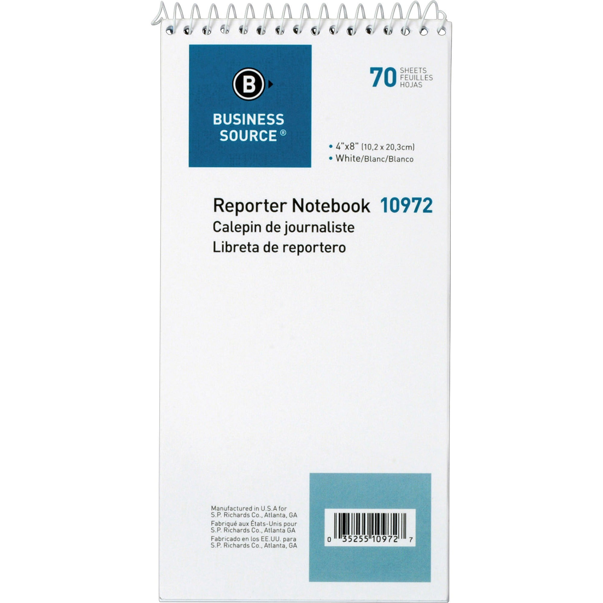 Business Source Coat Pocket-size Reporters Notebook - 70 Sheets - Spiral - 4" x 8" - White Paper - 1 Dozen - 