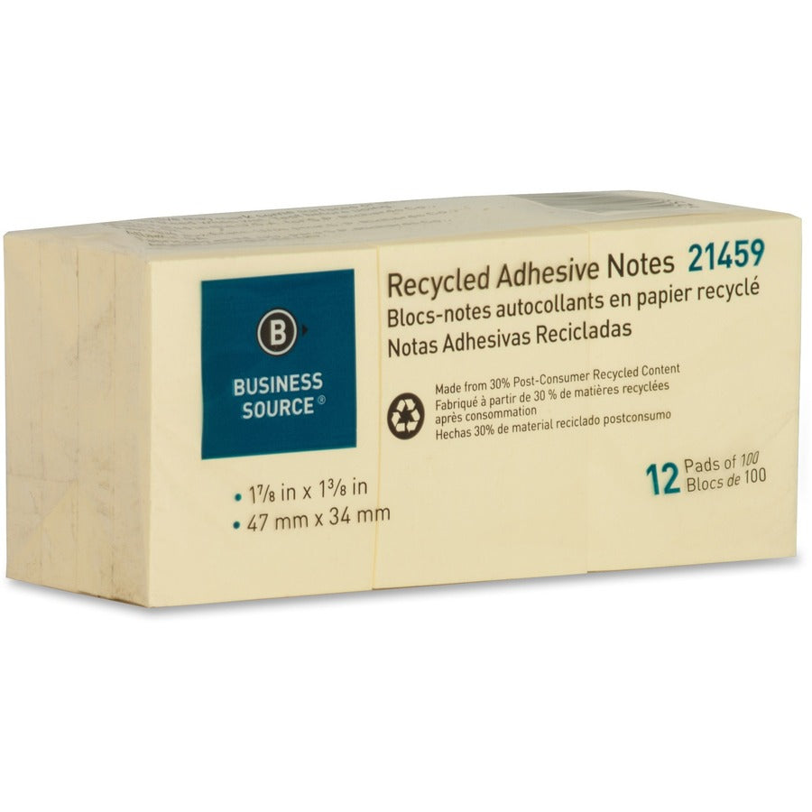 Business Source Yellow Adhesive Notes - 1.87" x 1.37" - Rectangle - Unruled - Yellow - Self-adhesive, Removable - 12 / Pack - Recycled
