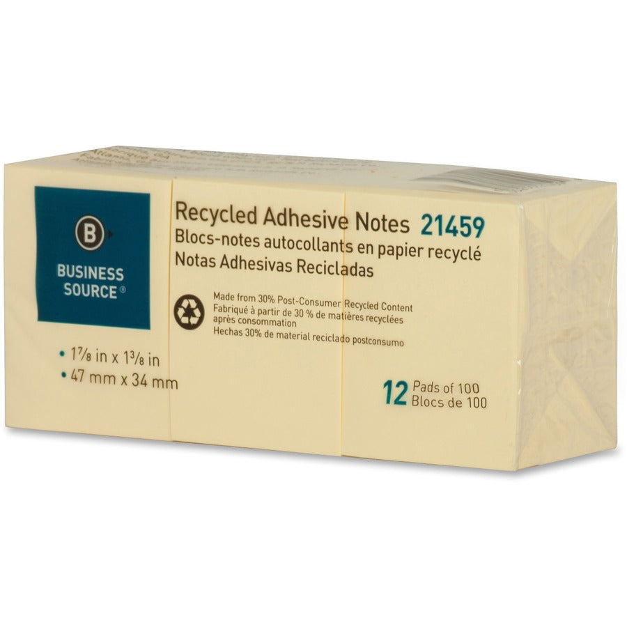 Business Source Yellow Adhesive Notes - 1.87" x 1.37" - Rectangle - Unruled - Yellow - Self-adhesive, Removable - 12 / Pack - Recycled