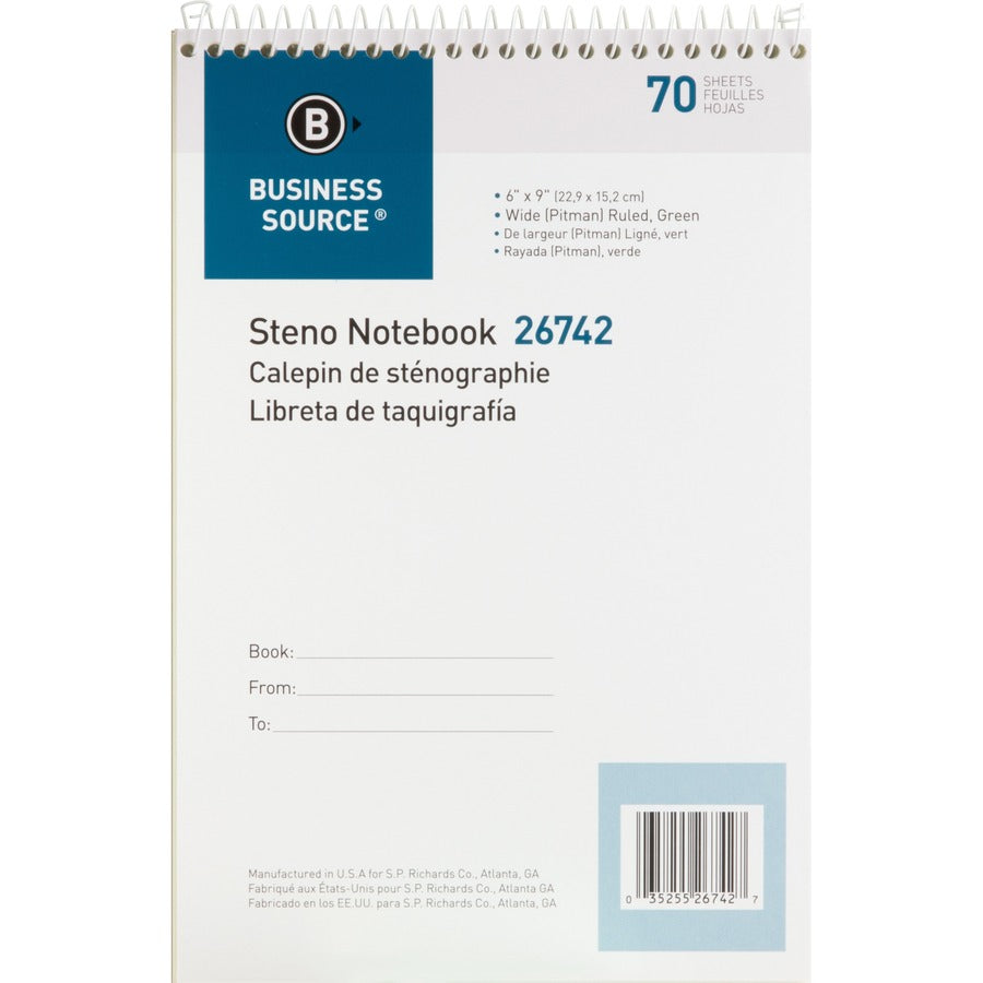 Business Source Steno Notebook - 70 Sheets - Wire Bound - Pitman Ruled Margin - 6" x 9" - Green Paper - Stiff-back - 1 Each