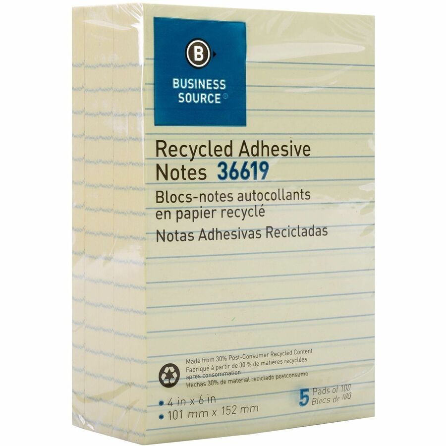 Business Source Yellow Adhesive Notes - 4" x 6" - Rectangle - Ruled - Yellow - Self-adhesive, Removable - 5 / Pack - Recycled
