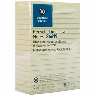 Business Source Yellow Adhesive Notes - 4" x 6" - Rectangle - Ruled - Yellow - Self-adhesive, Removable - 5 / Pack - Recycled