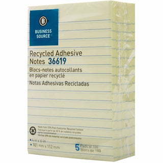 Business Source Yellow Adhesive Notes - 4" x 6" - Rectangle - Ruled - Yellow - Self-adhesive, Removable - 5 / Pack - Recycled