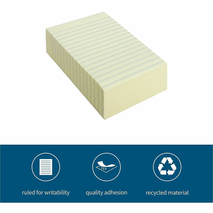 Business Source Yellow Adhesive Notes - 4" x 6" - Rectangle - Ruled - Yellow - Self-adhesive, Removable - 5 / Pack - Recycled