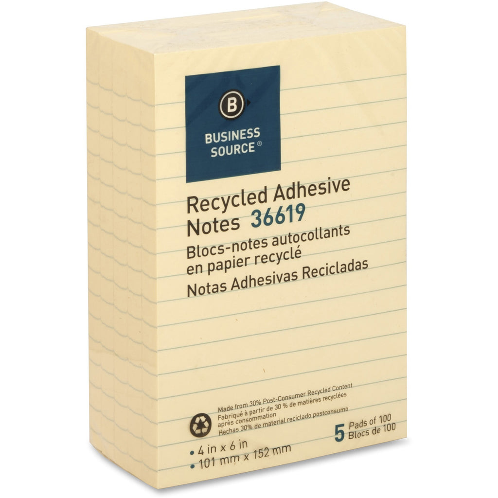 Business Source Yellow Adhesive Notes - 4" x 6" - Rectangle - Ruled - Yellow - Self-adhesive, Removable - 5 / Pack - Recycled - 