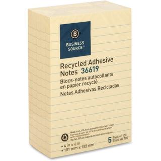 Business Source Yellow Adhesive Notes - 4" x 6" - Rectangle - Ruled - Yellow - Self-adhesive, Removable - 5 / Pack - Recycled - 