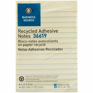 Business Source Yellow Adhesive Notes - 4" x 6" - Rectangle - Ruled - Yellow - Self-adhesive, Removable - 5 / Pack - Recycled